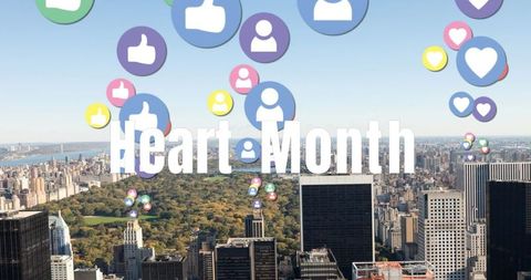 Digital heart month celebration over bustling cityscape