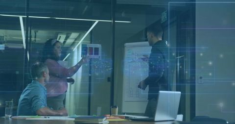 Team Collaborating in Modern Office with Digital Interface Overlay