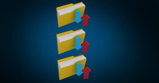 Depicting three yellow file folder icons with arrows representing upload and download. Suitable for use in technology, data management, cloud storage, and file sharing contexts, as well as educational materials about data handling and IT infrastructure.