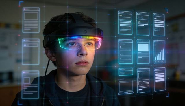 Teenager Wearing Mixed Reality Headset Exploring Holographic User Interface in Classroom