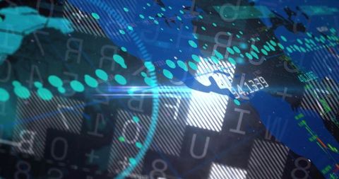 Visualizing global data flow on holographic dashboard with teal node trail and digits