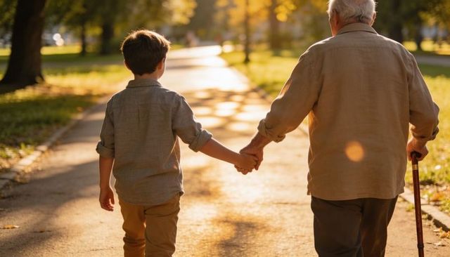 Grandson Holding Grandfather's Hand Walking Sunlit Park Path During Golden Hour