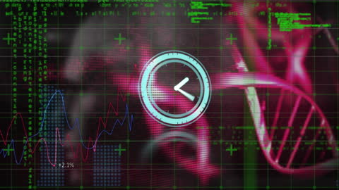Neon Ticking Clock with DNA and Data Concept Animation