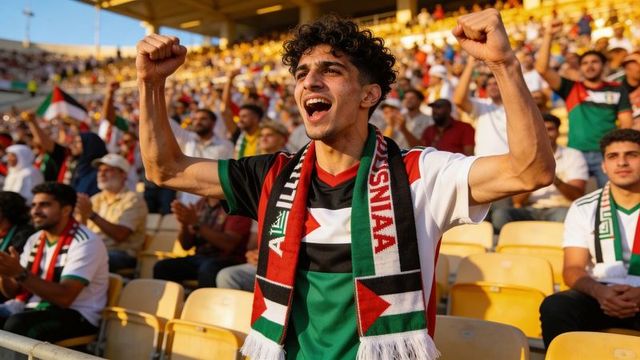 Young fan celebrating with palestinian flag scarf raising fists in sunlit stadium crowd