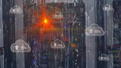Futuristic Data Center with Cybersecurity Elements and Cloud Symbols