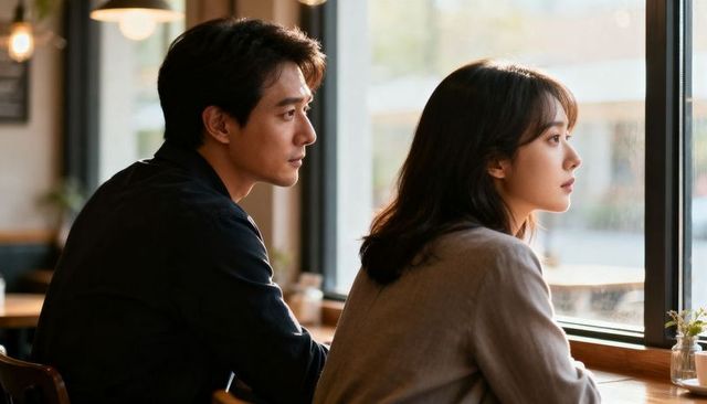 Intimate cafe moment: young couple sitting at window counter in warm golden light