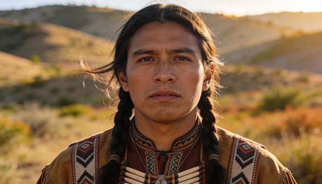 Portrait of man with braids wearing beadwork and bone breastplate on rolling golden hills