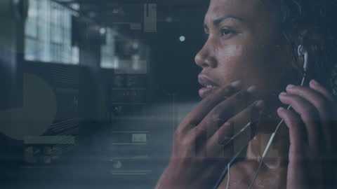 African Woman at Gym with Data Visualization Background