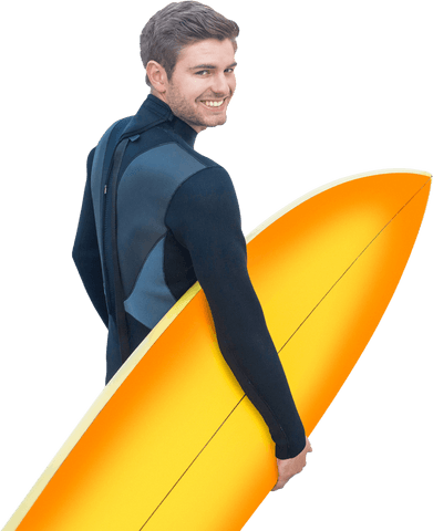 Caucasian Man Happy Carrying Vibrant Yellow Surfboard Transparent Background