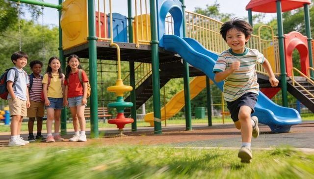 Energetic child running toward camera on colorful playground with friends watching
