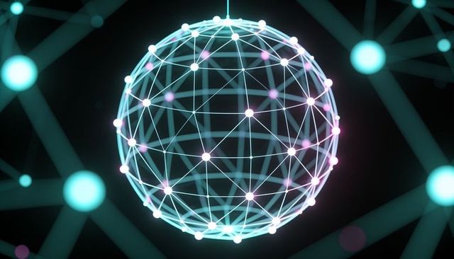 Glowing neon network sphere forming connected mesh of nodes and geometric wireframe
