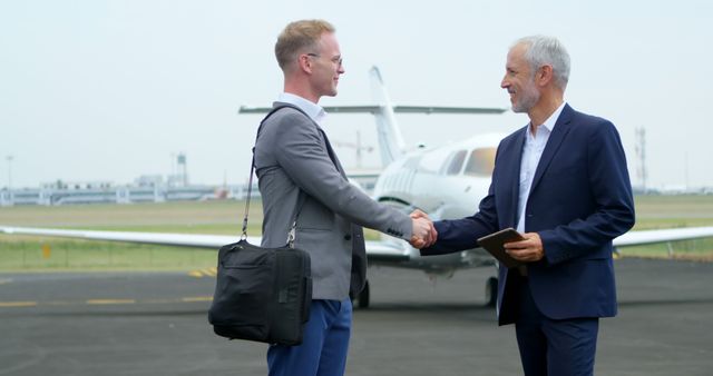 Businessmen Shaking Hands at Airstrip with Private Jet in Background - Download Free Stock Images Pikwizard.com