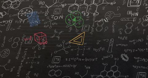 Chemistry illustrations with school supplies on chalkboard