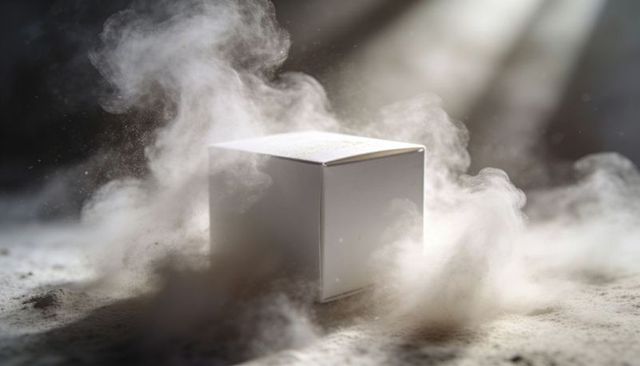 Small white cube sitting amid rising dust and dramatic light beams on textured surface