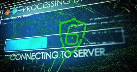 Connecting to server cybersecurity interface with progress bar and shield lock