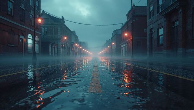 Moody Vintage City Street at Dawn with Mist and Reflections
