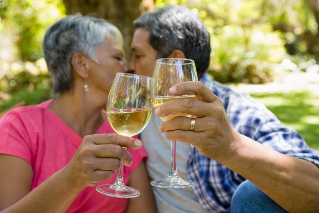 Senior couple enjoying a romantic moment in a park, kissing while holding wine glasses. Ideal for use in advertisements promoting senior lifestyle, romance, outdoor activities, and wine brands. Perfect for illustrating themes of love, companionship, and relaxation among elderly couples.