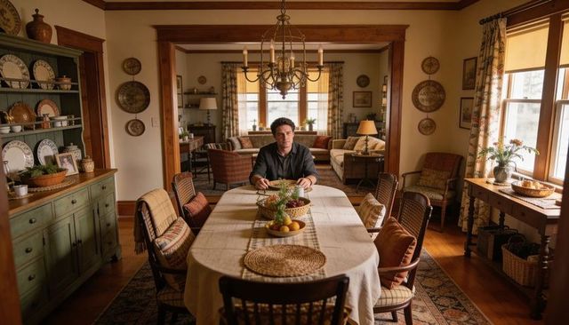Middle-aged man sitting at craftsman dining table wearing dark shirt with citrus bowl