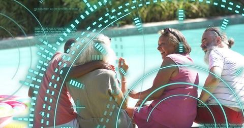 Multigenerational friends laughing by backyard pool with summer clothes and hud graphic