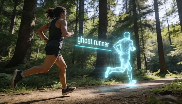 Female runner racing virtual holographic pacemaker ghost runner on sunlit forest trail