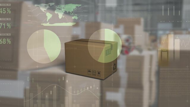 Shows data processing and analysis using interactive graphics and charts overlaid on cardboard box and conveyor belt. Ideal for illustrating concepts in logistics, transportation, shipping efficiency, supply chain management, and big data analytics. Useful for presentations in logistics and transportation companies, business analysts' reporting, and educational materials on business and operations management.