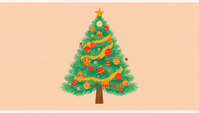 Minimal festive christmas tree illustration with gold star and yellow garland on beige