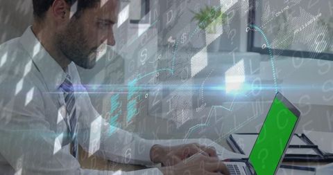 Business professional typing on laptop with augmented data overlays and global analytics
