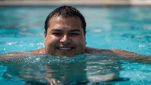 Smiling man floating at pool edge with sunlit ripples, outdoor barechest lifestyle portrait