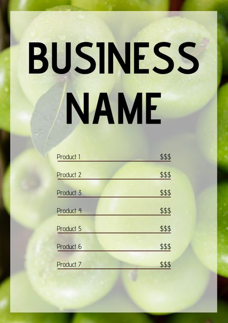 Ideal for organic and eco-friendly brands, this versatile template features a vibrant green grape background that emphasizes freshness and nature. It can be used for menu design, product listings, or promotional materials for businesses in the organic produce, health food, and sustainability sectors. Customizable sections for product names and pricing make it easy to adapt for various marketing needs.