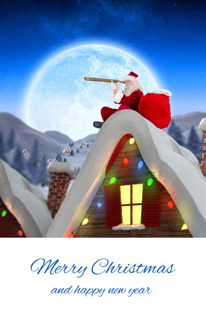 Santa Claus on Snowy Rooftop under Full Moon, Merry Christmas Card - Download Free Stock Templates Pikwizard.com