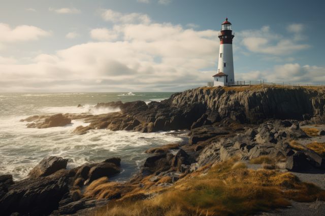 Lighthouse on rock and calm seas, created using generative ai technology. Building, sea, sailing and nature concept digitally generated image.