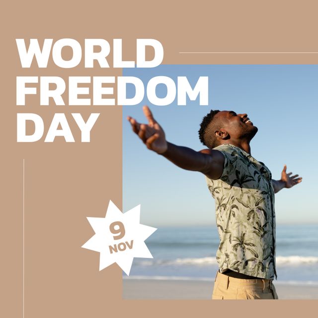 Young African American man standing on beach, arms outstretched, basking in sunshine, smiling brightly. Ideal for promoting World Freedom Day, summer activities, leisure, joy, and outdoor fun. Perfect for highlighting themes of freedom, happiness, relaxation, and positive lifestyle changes.