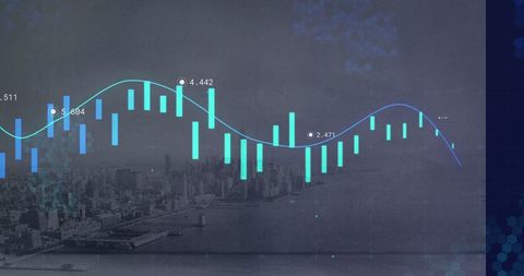 Financial Data Analysis Overlaying Cityscape Background