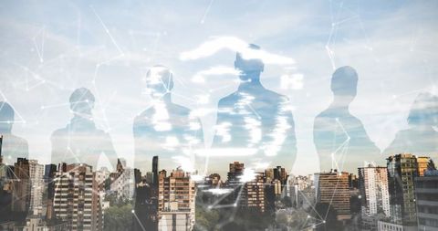 Digital Connections Overlaying Vibrant Cityscape Skyline