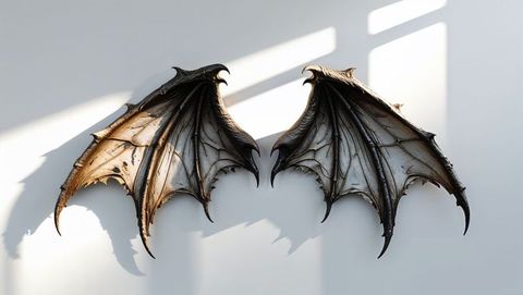 Demonic dragon wings sculpture casting shadows on wall