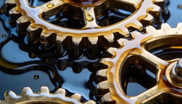 Macro view showing bronze gears meshing and bathing in glossy oil for industrial precision