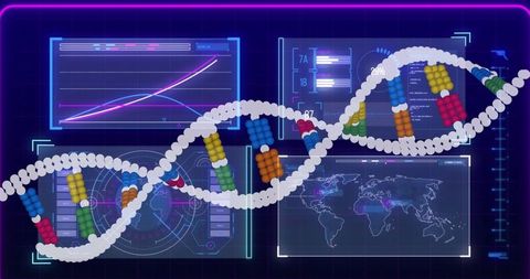 Futuristic DNA Interface with Global Data Analysis Panels