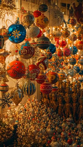 Vertical panning video through warm display of painted Christmas baubles and figurines