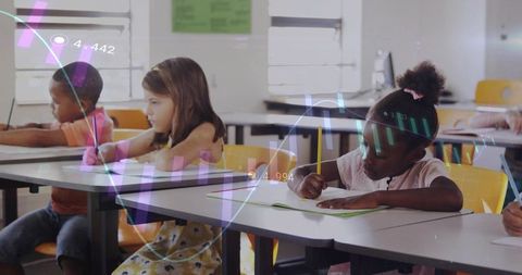 Elementary students writing at desks with educational data overlays and digital learning
