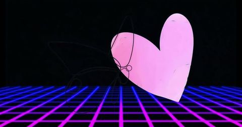 Retro futuristic neon grid with digital heart art