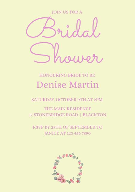 This elegant floral bridal shower invitation template is ideal for events celebrating an upcoming wedding. Featuring delicate floral accents, and ample room for customization like event details, RSVP information, and hosting time and date, this template provides an aesthetically pleasing and practical way to invite guests to a special occasion. Perfect for brides-to-be and wedding planners.