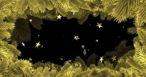 Golden Christmas Stars Falling on Dark Backdrop with Festive Foliage