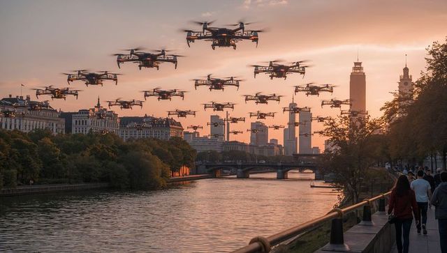 Mass drone swarm hovering over urban river at sunset with skyline and riverside pedestrians