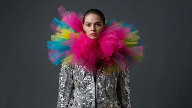Avant-garde model wearing metallic silver crinkle jacket and neon multicolor tulle ruff editorial