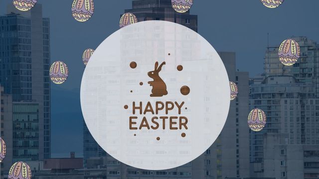 This imaginative scene presents a blend of cityscape background with decorative Easter elements such as Easter eggs and a distinctive rabbit symbol. Perfect for digital guest posts about Easter, festive promotions, or event invitations focusing on celebrations in an urban environment. Can also be used in advertising campaigns emphasizing holiday themes justaposed with modern city living and digital design.