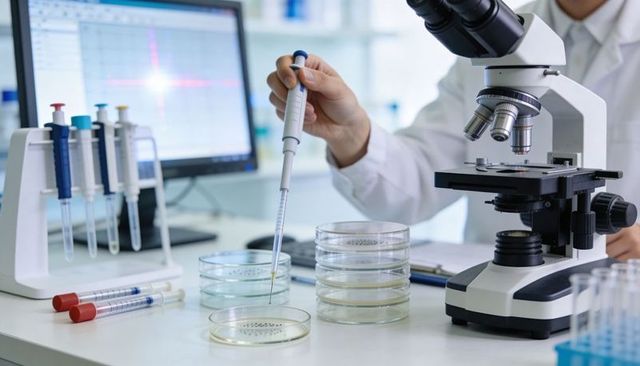 Laboratory technician pipetting into petri dishes beside microscope microbiology research