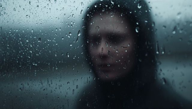 Person in hooded coat gazing through rain-soaked window