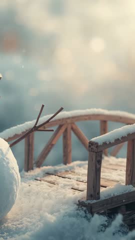 Drifting Snowflakes Dusting Rustic Wooden Footbridge and Snowman — Vertical Winter Bokeh
