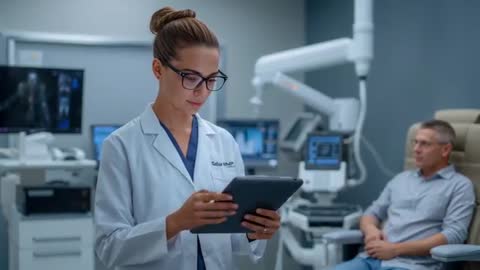 Female doctor reviewing digital scans on tablet while consulting patient in advanced clinic