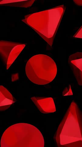 Looping red geometric solids rotating in black vertical video with discs and polyhedrons